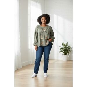 Umgee Top Womens XL‎ Green Orange Floral Round Neck Pullover Casual